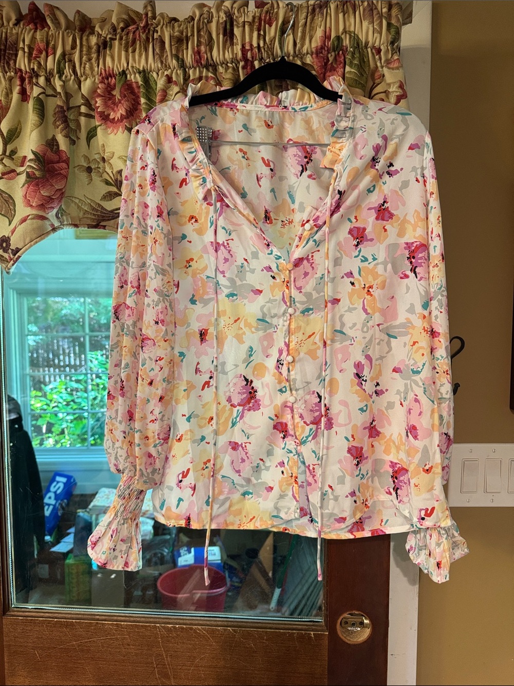 Floral Ruffle Tie-Neck Blouse - White/Pink